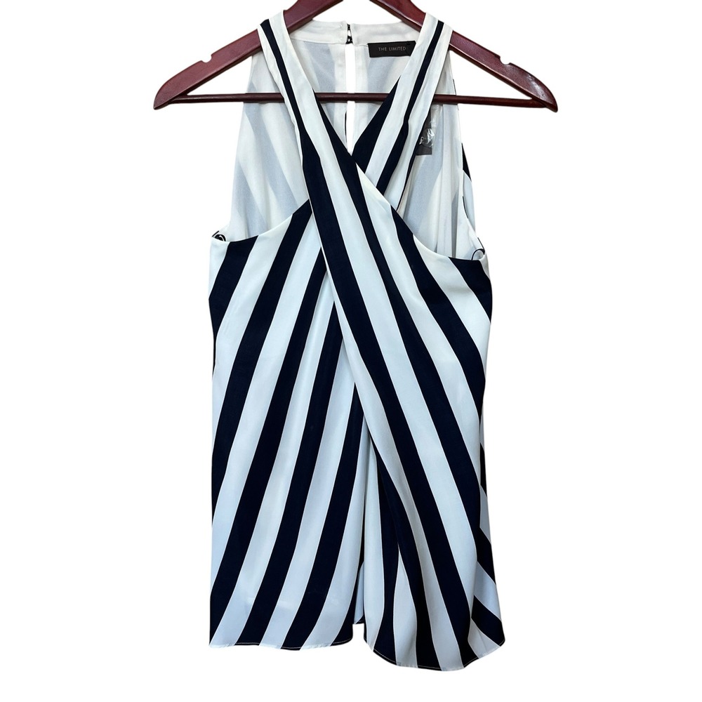 The Limited Black Cream Striped Halter Crossover Draped Blouse Top Large